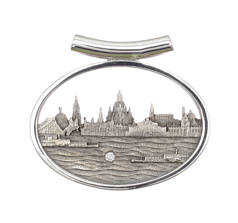 Anhänger Dresden an der Elbe, Schmuck, 925er Silber mit Diamant 0,03ct, Frauenkirche